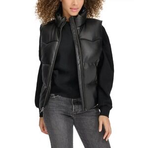 Levi's Black Faux Leather Puffer Vest Womens L Zip Snap Sleeveless Jacket $150